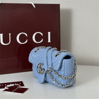 Gu.cci GG Marmont Small shoulder bag matelassé chevron lambskin leather Silver toned hardware Lt Blue 837280