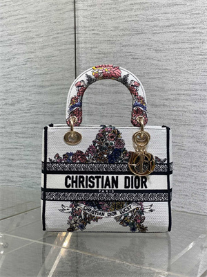 CD Medium Lady D-Lite Bag  Embroidery White Multicolors