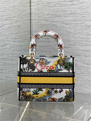CD Medium Lady D-Lite Bag  Embroidery White/Yellow Multicolors