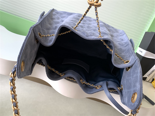 Chanel 25 Medium Handbag Suede Gold Tone Metal Blue AS5311