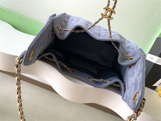 Chanel 25 Small Handbag Suede Gold Tone Metal Blue AS5293