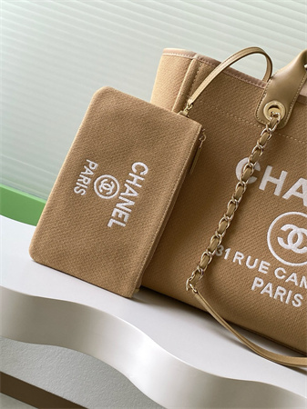 Chanel Deauville Large Shopping Bag Mixed Fibers Gold Tone Metal Dk Beige A66941