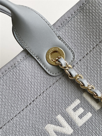 Chanel Deauville Small Shopping Bag Mixed Fibers Gold Tone Metal Lt Grey AS3257