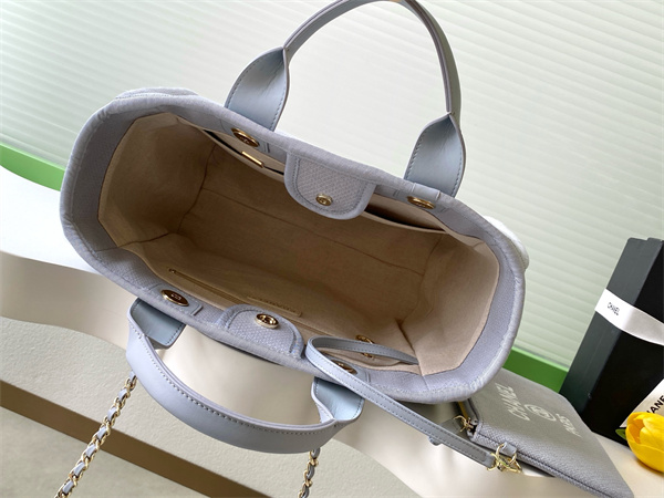 Chanel Deauville Small Shopping Bag Mixed Fibers Gold Tone Metal Lt Grey AS3257