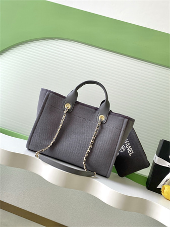 Chanel Deauville Small Shopping Bag Mixed Fibers Gold Tone Metal Grey AS3257