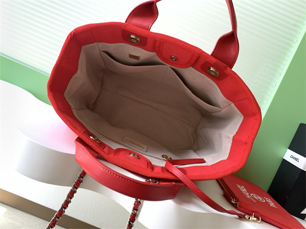Chanel Deauville Small Shopping Bag Mixed Fibers Gold Tone Metal Red AS3257