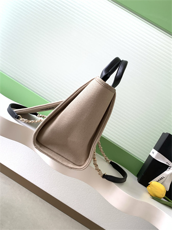 Chanel Deauville Small Shopping Bag Mixed Fibers Gold Tone Metal Beige AS3257