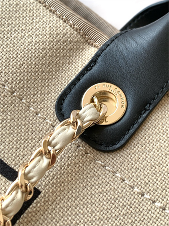Chanel Deauville Small Shopping Bag Mixed Fibers Gold Tone Metal Beige AS3257