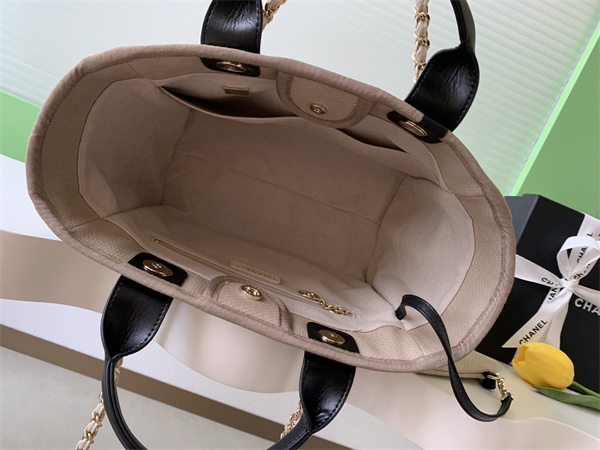 Chanel Deauville Small Shopping Bag Mixed Fibers Gold Tone Metal Beige AS3257