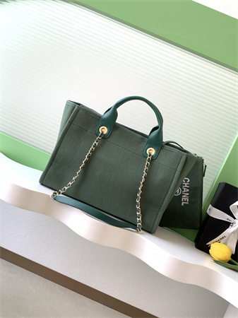 Chanel Deauville Small Shopping Bag Mixed Fibers Gold Tone Metal Green AS3257