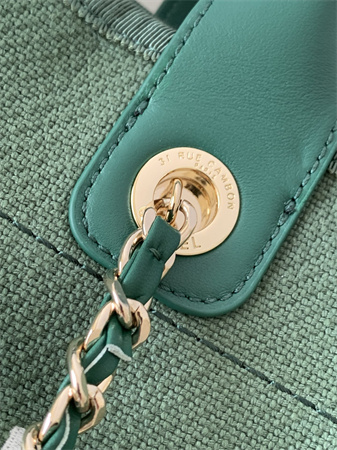 Chanel Deauville Small Shopping Bag Mixed Fibers Gold Tone Metal Green AS3257