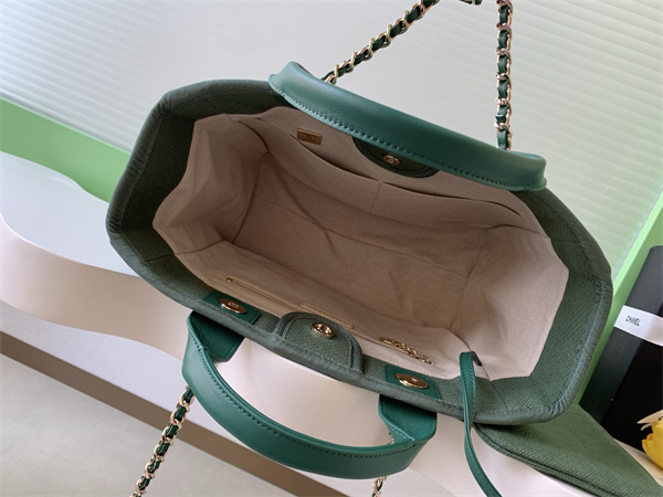 Chanel Deauville Small Shopping Bag Mixed Fibers Gold Tone Metal Green AS3257
